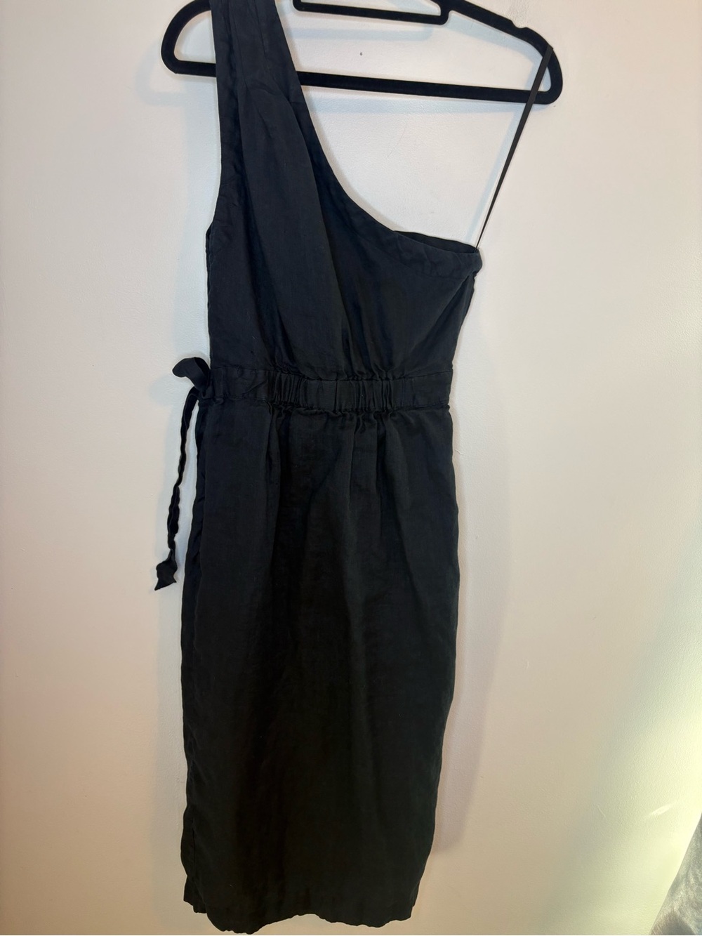 By Anthropologie One Shoulder Linen Wrap Dress Black 6P Petite Midi - Picture 3 of 10